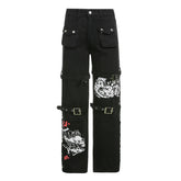 Pantalon drapé en denim à boucle métallique imprimé style street cool